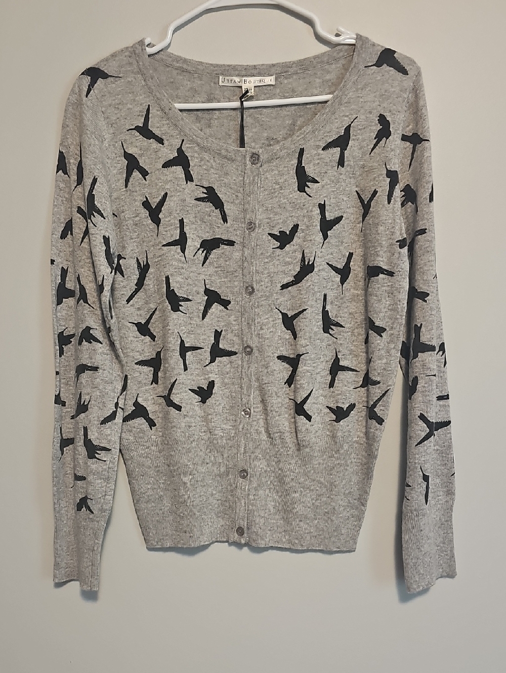 Gray Hummingbird-Print Button-Front Cardigan Sweater